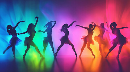 Silhouettes of many women dancing in vibrant colored light.