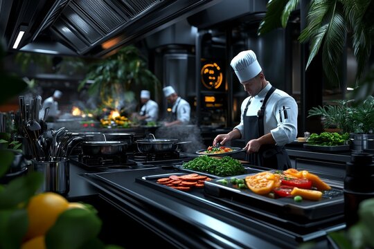 Hyper-realistic scene of a bustling restaurant kitchen, with chefs preparing meals, chopping vegetables, and plating dishes with precision, capturing the fast-paced energy of professional kitchens