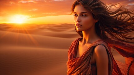 Fototapeta premium In the midst of a breathtaking desert landscape at sunset, a lovely woman stands poised,