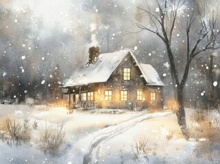 Cozy Winter Cottage Scene with Snowfall, Perfect for Holiday Seasonal Decorations or Winter Wonderland Concepts Generative AI