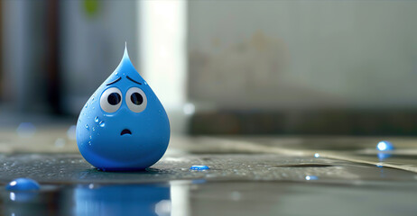 3D Animated Sad Water Droplet on a Wet Street Copy Space