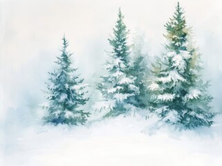 Fototapeta premium Serene Winter Landscape with Snow-Covered Pine Trees, Simple and Elegant Watercolor Painting, Ideal for Calming Wall Art or Seasonal Greeting Cards Generative AI