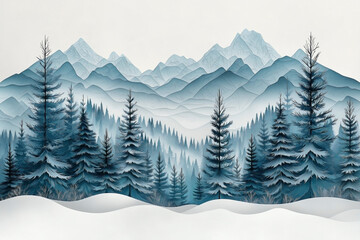 Fototapeta premium A paper vector illustration of a snow-covered forest in winter. The scene features tall pine trees, their branches laden with snow, standing in a serene arrangement.