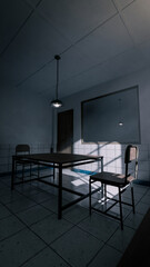Interrogation room scene premium photo 3d render

A dark room with a table and two chairs. The room is empty and the light is shining through the windows