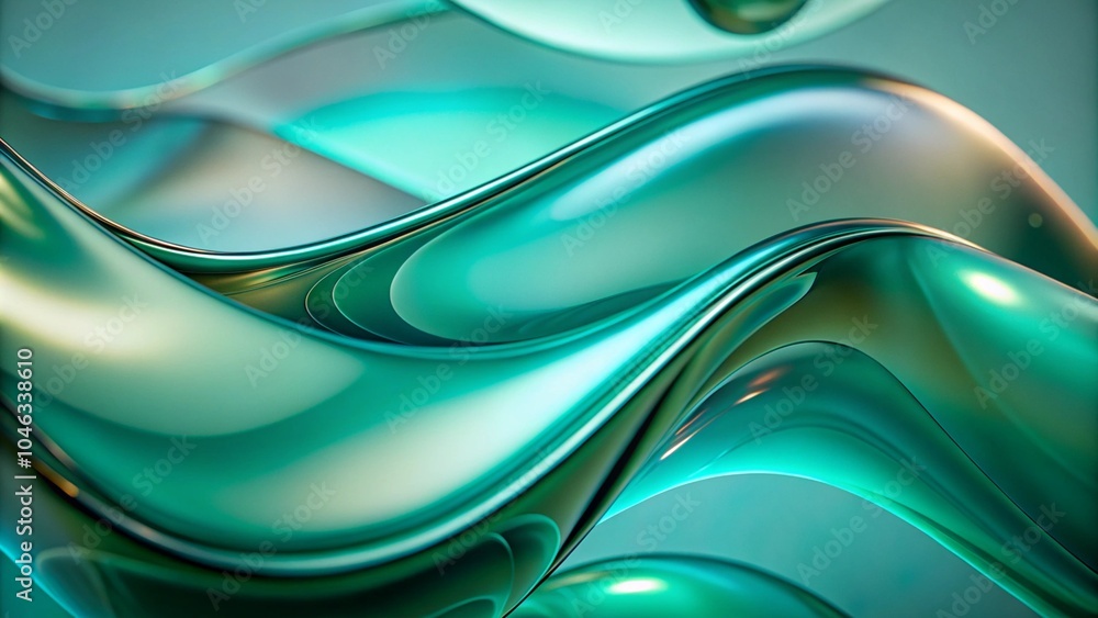 Fototapete Abstract background with green and blue fluid glass waves. 3d abstract liquid glass transparent clear ribbon wave line on green background with palm leaf shadow. Water fluid flow curve shape