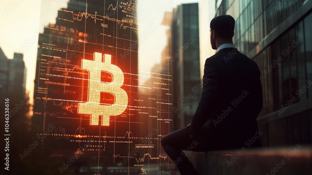 Poster a businessman is seated in front of a glowing screen that shows bitcoin symbols and data.