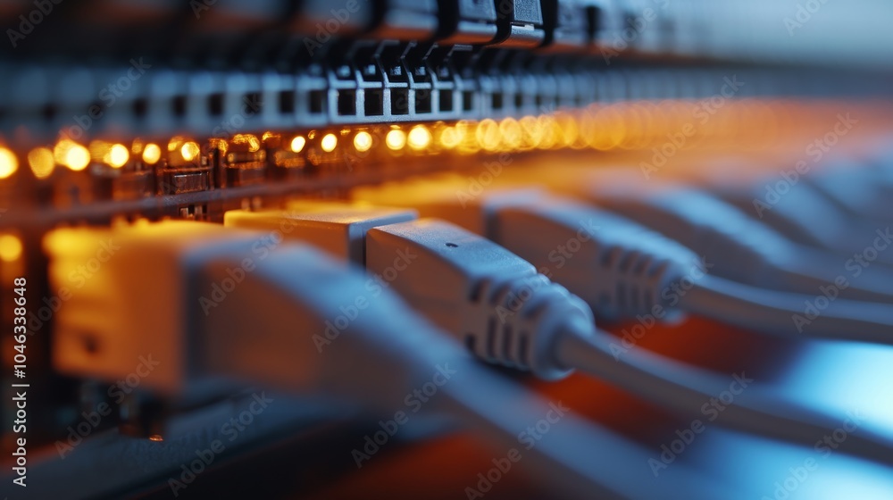 Poster Network switch: A close-up image of a network switch with Ethernet cables plugged in, representing the central role of switches in networking.