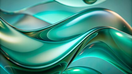 Abstract background with green and blue fluid glass waves. 3d abstract liquid glass transparent clear ribbon wave line on green background with palm leaf shadow. Water fluid flow curve shape