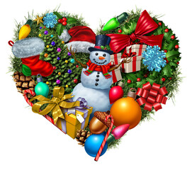 Christmas Holiday Love representing December seasonal spirit of giving and joy and celebration or peace and goodwill in the winter season festival as a heart shape symbol.