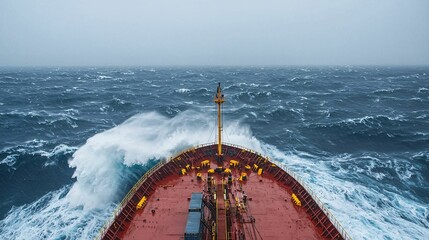 A ship navigating through rough, turbulent seas under a cloudy sky, emphasizing the power of nature and maritime challenges.