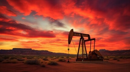 The oil rig, silhouetted against the vibrant sunset sky, towers over the barren desert terrain