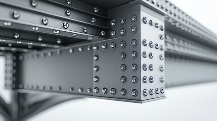 Close-up view of intricate steel beam structure with rivets, showcasing industrial design and engineering precision against a white isolated background.