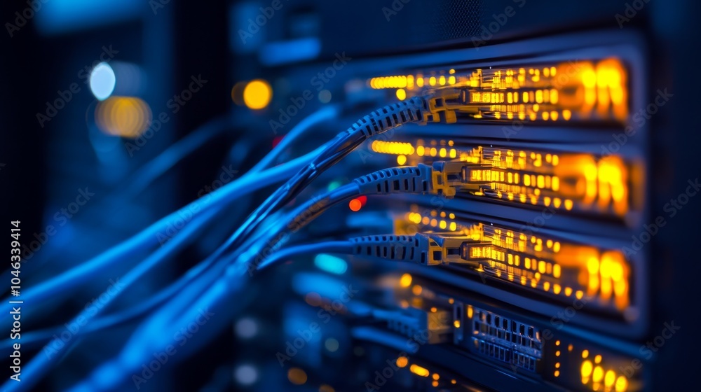 Aufkleber Network switch in telecom: A network switch deployed in a telecommunications network, handling large-scale data traffic, supporting multiple services, and ensuring robust communication infrastructure.