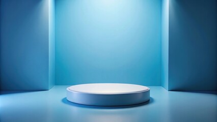 Simple round pedestal in a blue room with soft lighting, blue, room, pedestal, round, simple, minimalistic, interior design