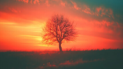 Silhouetted Tree Standing Tall Against a Vibrant Red Sunset Sky, Creating a Striking and Dramatic Landscape