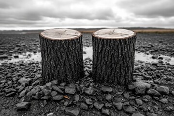 Naklejka premium Minimalist depiction of deforestation, with only a few stumps and fallen logs on a bare landscape, capturing the stark reality of environmental destruction through clean, simple lines, symbolizing