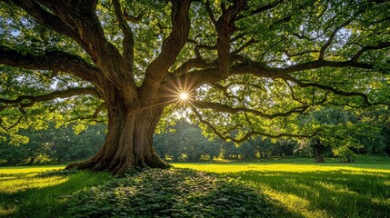 Obraz premium Majestic tree with a sprawling canopy, sunbeam filtering through lush green leaves.