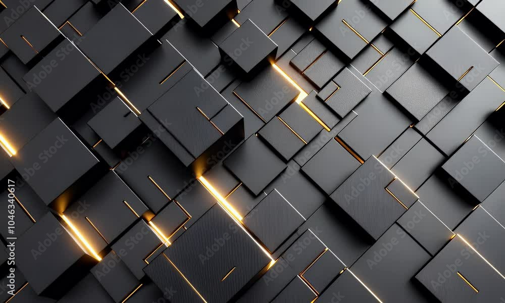 Poster abstract black background with golden lines and cubes, luxury geometric pattern for presentation des