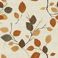 Vintage retro style birch leaf pattern on vintage beige fabric background, seamless repeating pattern, textile print style, minimal, retro plant design, seamless birch leaf pattern, wallpaper