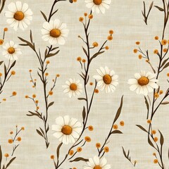 Vintage retro style chamomile sprig pattern on vintage beige fabric background, seamless repeating pattern, textile print style, minimal, retro plant design, seamless chamomile pattern, stationery