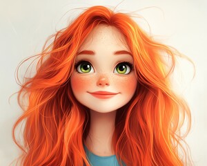 Obraz premium Cute illustration of a girl with long, flowing red hair and big green eyes, wearing a blue shirt and exuding happiness