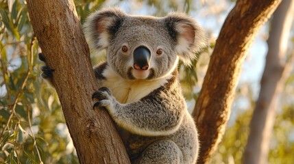 Obraz premium Cute koala clinging to a eucalyptus tree trunk in the Australian forest during warm golden hour light.