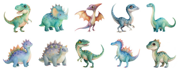 Dinosaurs featuring various species like T-rex, triceratops and pterodactyl, watercolor illustration set. Each element isolated on transparent background