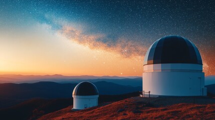 Milky Way Galaxy Over Observatory Domes at Sunset