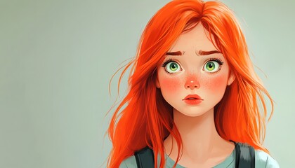 Fototapeta premium Illustration of a cute schoolgirl featuring vibrant red hair and a backpack, displaying a worried pout and expressive green eyes