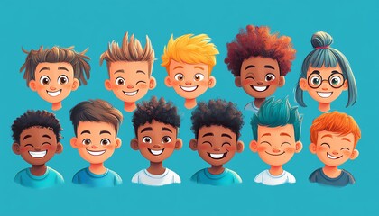 Playful cartoon depiction of a diverse group of smiling boys, showcasing their unique hairstyles and cheerful expressions