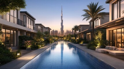 Naklejka premium A long pool with a city skyline in the background. The pool is surrounded by buildings. The buildings are tall and white