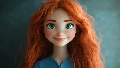 Fototapeta premium Playful depiction of a cute girl with long red hair and large green eyes, showcasing her cheerful smile in a trendy blue shirt
