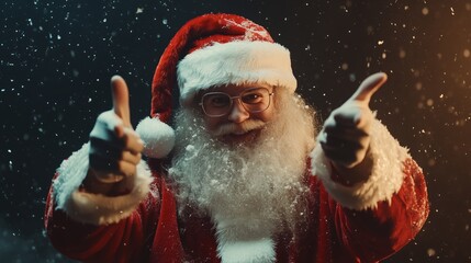 Full size photo of cool santa claus who gesturing hands pointing to ad text on studio background....