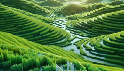 Fototapeta premium Lush Green Terraced Landscape at Sunrise