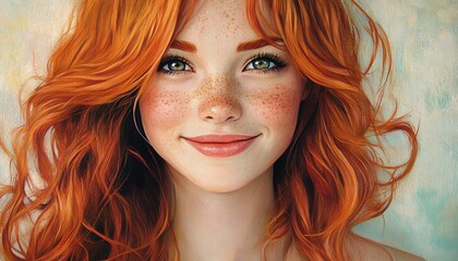 Obraz premium Whimsical portrait of a happy young woman with bright red hair and adorable freckles, capturing her positive energy in a fun illustration