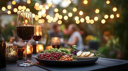 Fototapeta premium Elegant dining setting with wine, cheese, and salad surrounded by warm lights.