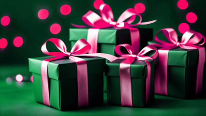 Obraz premium Gifts with Golden Ribbons Against Festive Lights