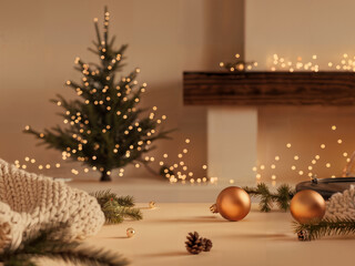 Festive Christmas Gifts with Pinecones and Lights Christmas Scene with Wrapped Gifts and Twinkling Lights Christmas Gift Boxes under Tree with Warm Lighting