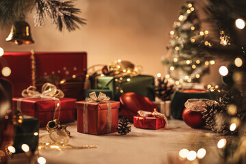Festive Christmas Gifts with Pinecones and Lights Christmas Scene with Wrapped Gifts and Twinkling Lights Christmas Gift Boxes under Tree with Warm Lighting