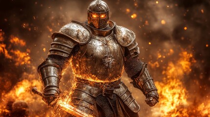 Fototapeta premium Fiery Knight in Full Armor with Sword Fantasy Illustration
