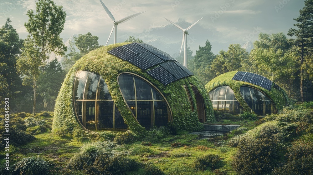 Poster off-grid energy factory fully self-sufficient, utilizing renewable energy sources like solar and win