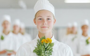 Confident Young Chef Presenting Culinary Creation in Professional Kitchen Setting