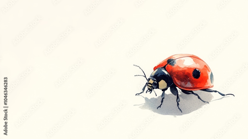 Poster tiny red ladybug crawling on white background, macro insect photography generative ai