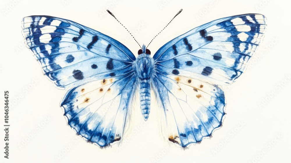 Poster tiny blue butterfly resting with closed wings on white background generative ai