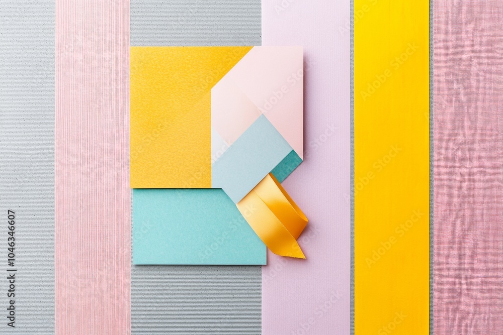 Poster colorful flat lay featuring geometric patterns and textured background with vibrant ribbons