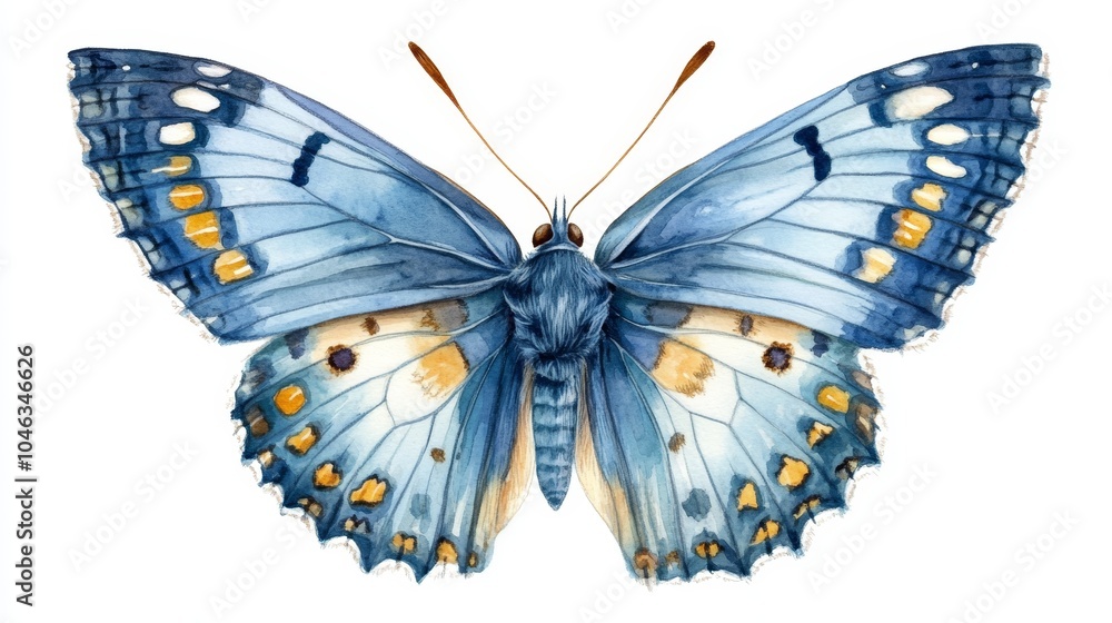 Poster tiny blue butterfly resting with closed wings on white background generative ai