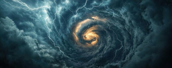 Dramatic swirling storm clouds with lightning and a glowing center.