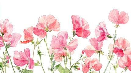 Fototapeta premium Watercolor Sweet Pea in White Background, Floral Still Life for Spring Decor and Design Generative AI