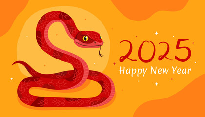 Happy 2025 New Year of the Snake, Lunar New Year or Chinese New Year. Zodiac animal cartoon character. Greeting card or banner with cute red snake, yellow background.