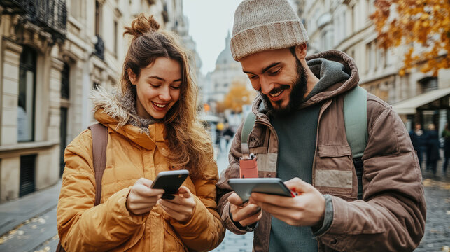 the happy couple ARE looking at the google map   while walking around  Paris, france   on their holidays vacation trip 